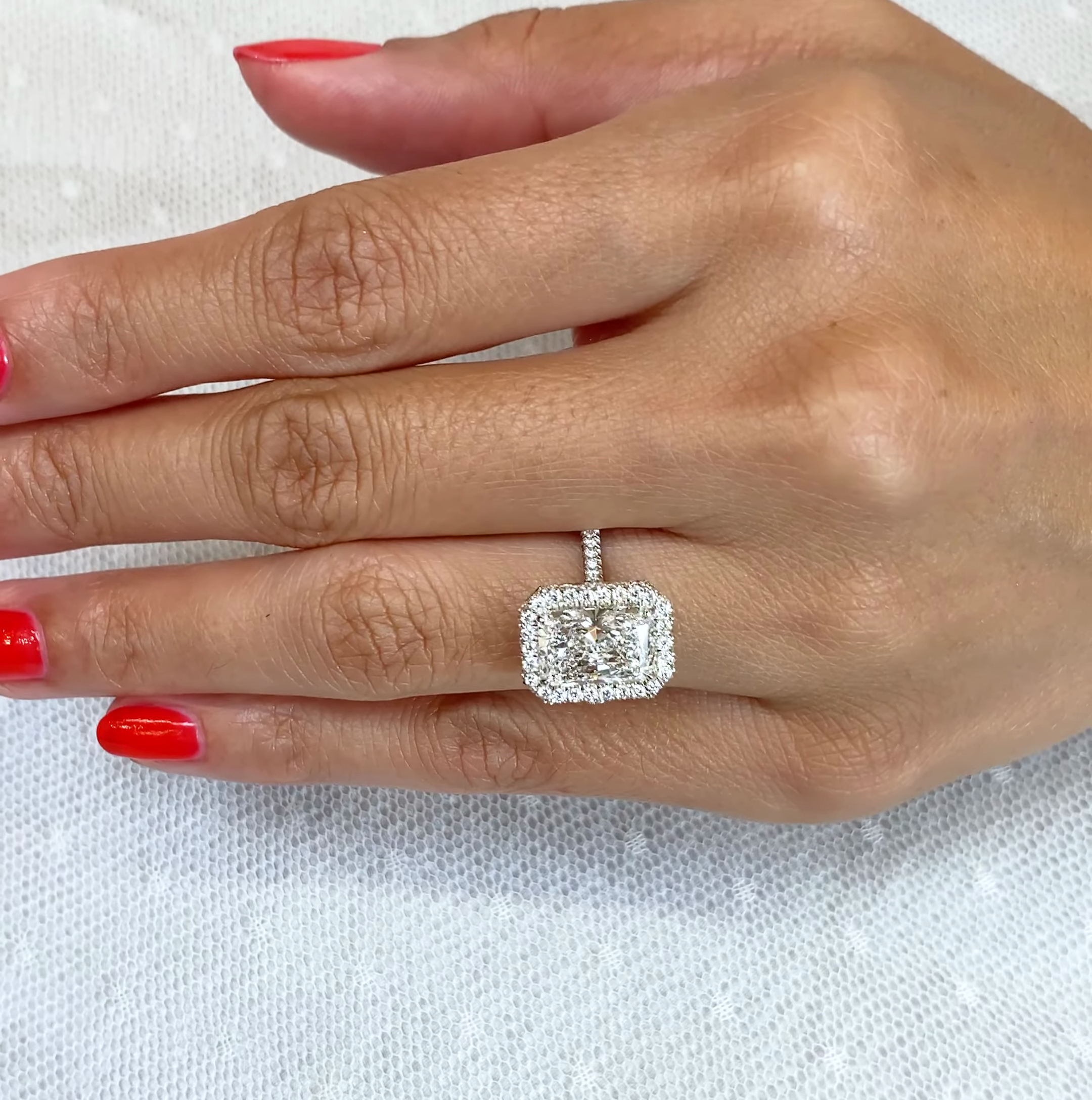Radiant 3.50tcw Lab Grown Diamond Double Edge Halo Engagement Ring, D-E-F Color, VVS-VS Clarity - IGI Certified