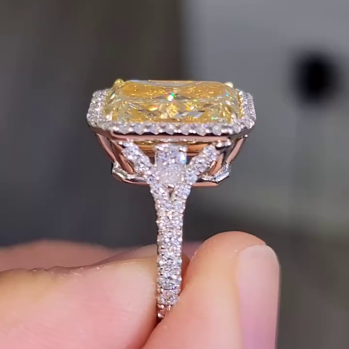 Radiant 8.30tcw Lab Grown Diamond Pear Side Stone Pave Halo Engagement Ring, VS Clarity