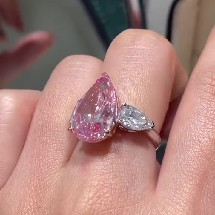 Fancy Pink 7.00tcw Lab Diamond Three-Stone Engagement Ring | Pear Shape | IGI Certified
