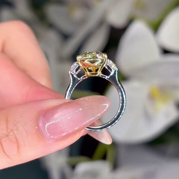 Pear Fancy Yellow 6.00tcw Lab Grown Diamond Two Tone Cathedral Three Stone Engagement Ring, VVS-VS Clarity