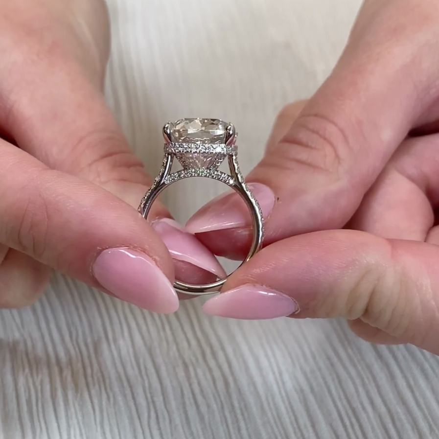 Cushion 8.50tcw Lab Diamond Hidden Halo Cathedral Ring | IGI Certified | D-E-F | VVS–VS