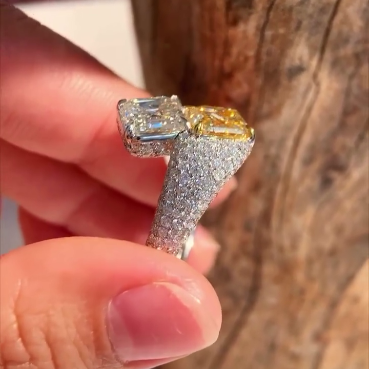 Asscher Fancy Yellow and White 5.50tcw Lab Grown Diamond Bypass Set Pave Engagement Ring, VVS-VS Clarity