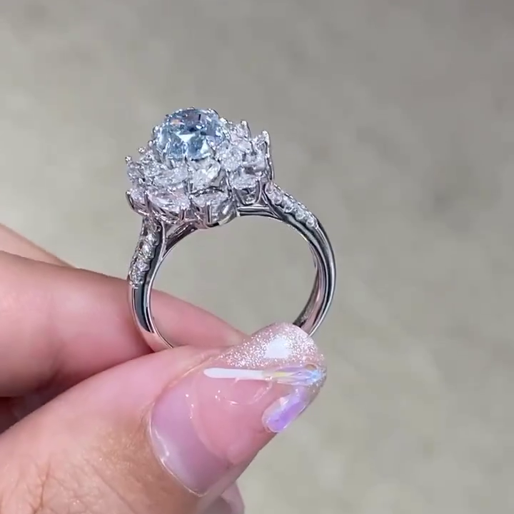 Fancy Blue Oval Lab Diamond Ring 5.00tcw with Floral Halo | VVS–VS IGI Certified