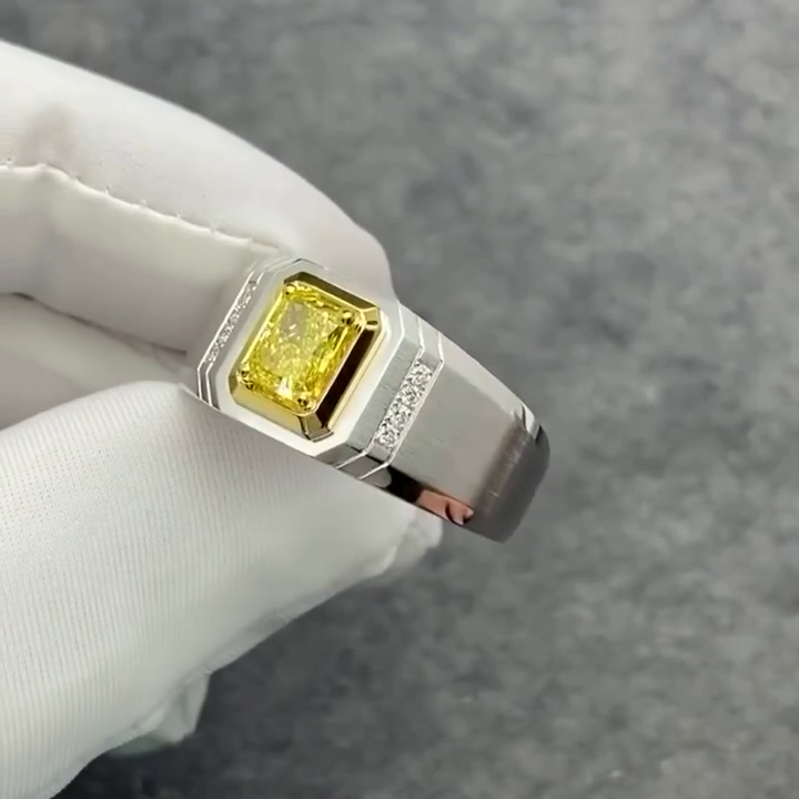 Radiant Fancy Yellow 2.05tcw Lab Grown Diamond Two Tone Bezel Set Men's Ring, VS Clarity - IGI Certified Ring