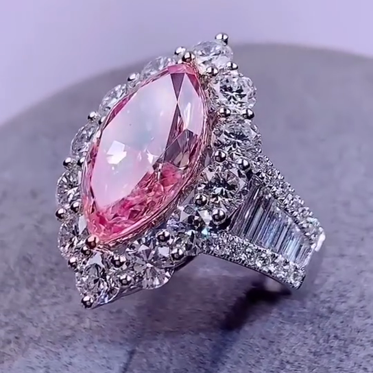 Marquise Fancy Pink 4.00tcw Lab Grown Diamond Halo Pave Engagement Ring, VVS-VS Clarity