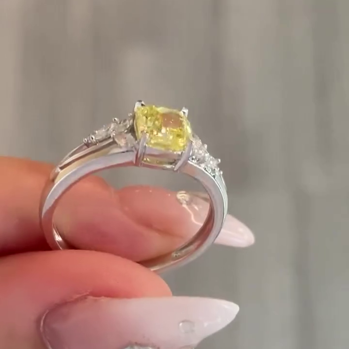 3.00ct Fancy Yellow Cushion Cut Diamond Ring | 0.30ct Side Stones | 14K White Gold | Unique Split Shank Engagement Ring