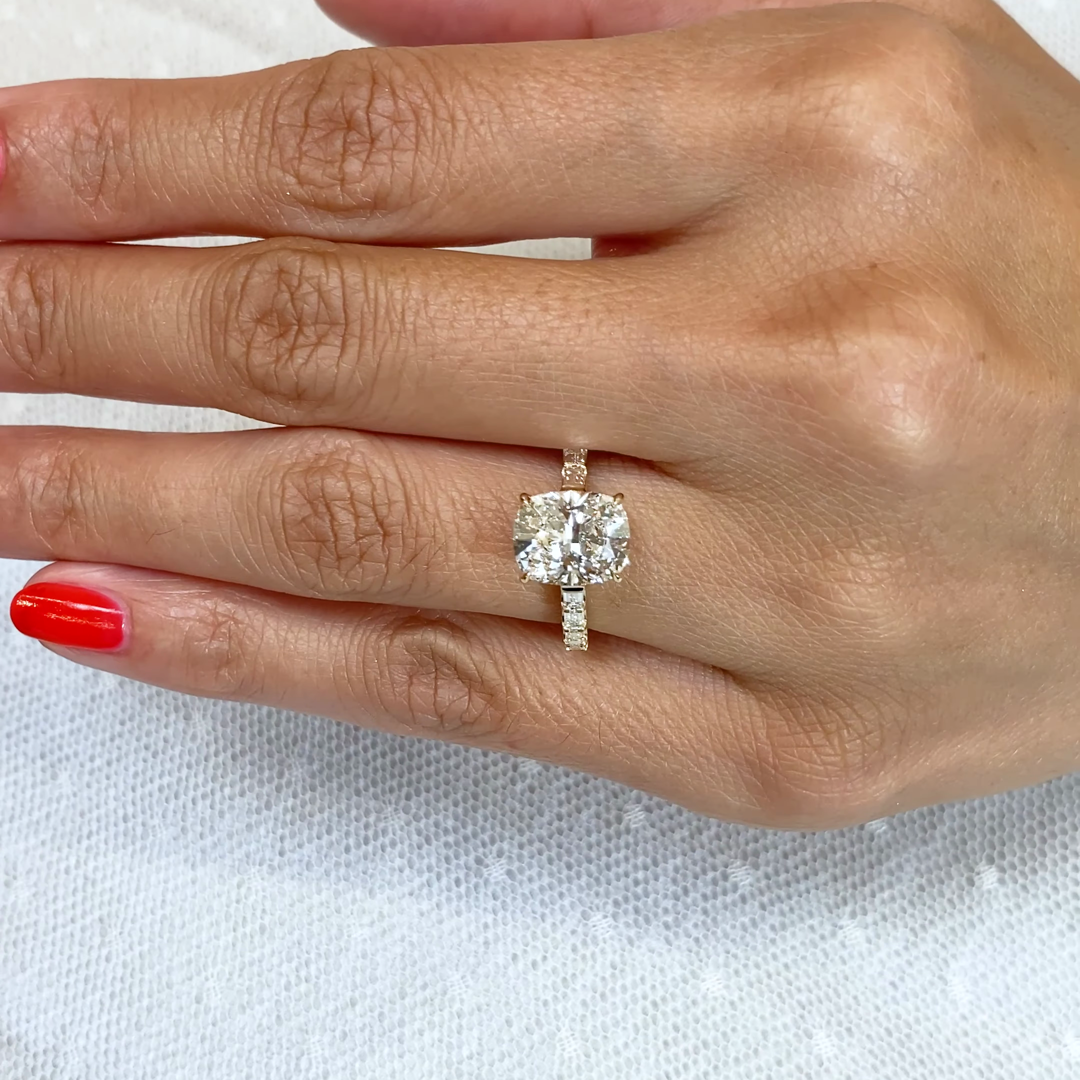 Cushion 3.60tcw Lab Diamond Baguette Pave Engagement Ring | IGI Certified | Yellow Gold