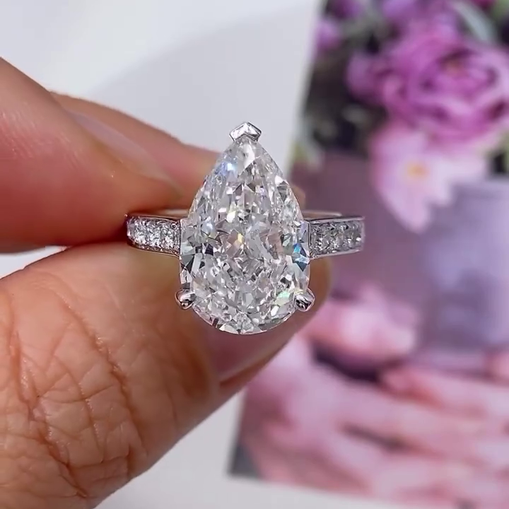 Pear 7.00tcw Lab Grown Diamond Channel Set Cathedral Engagement Ring, D-E-F Color, VVS-VS Clarity