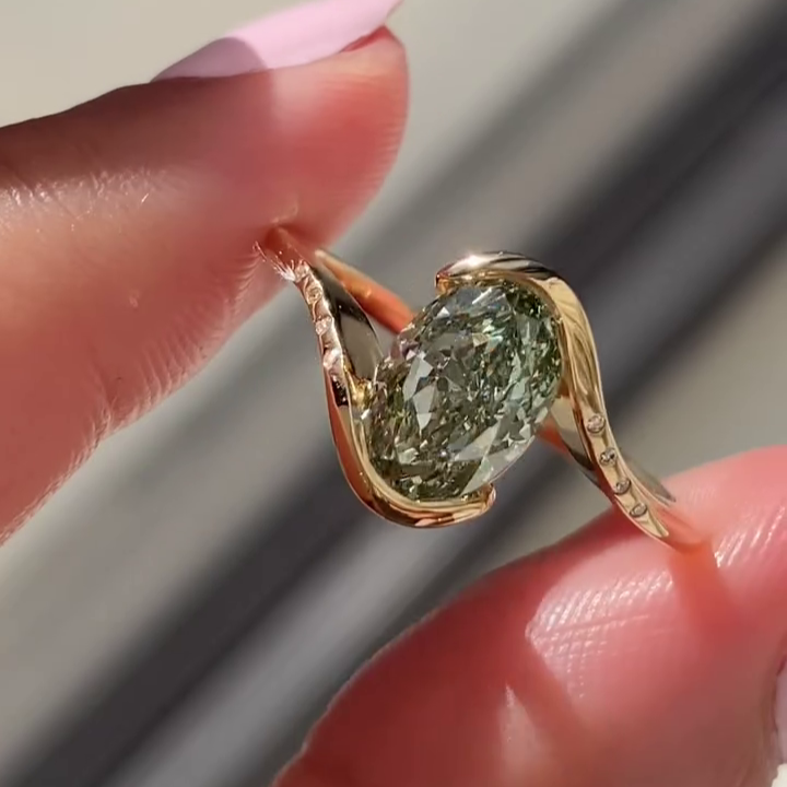 Oval Fancy Green 2.00tcw Lab Grown Diamond Unique Bypass Engagement Ring, EF Color, VS Clarity