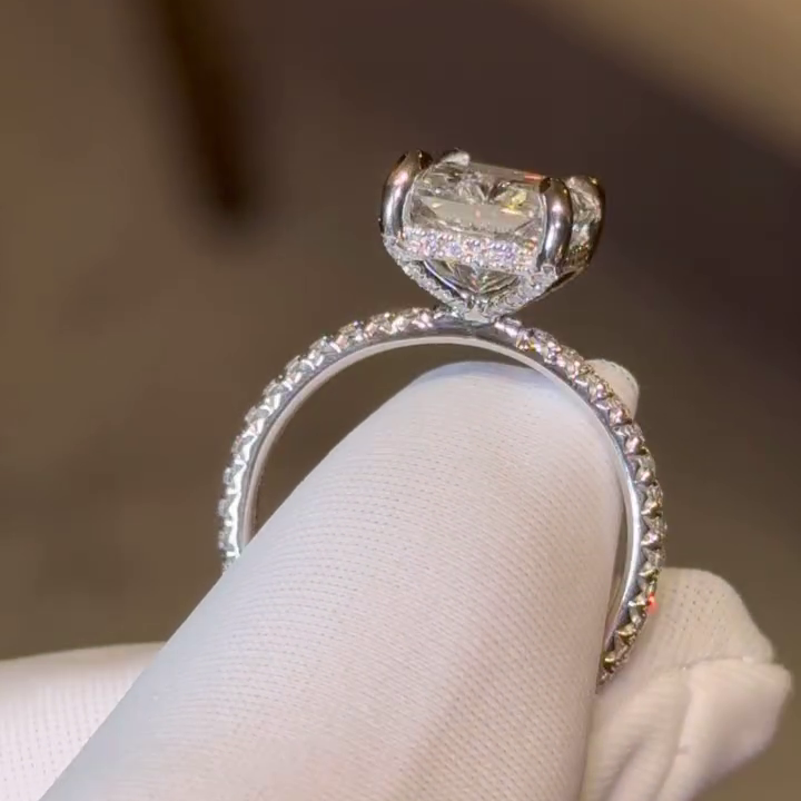 Radiant 3.50tcw Lab Grown Diamond Hidden Halo Pave Engagement Ring, D-E-F Color, VVS-VS Clarity