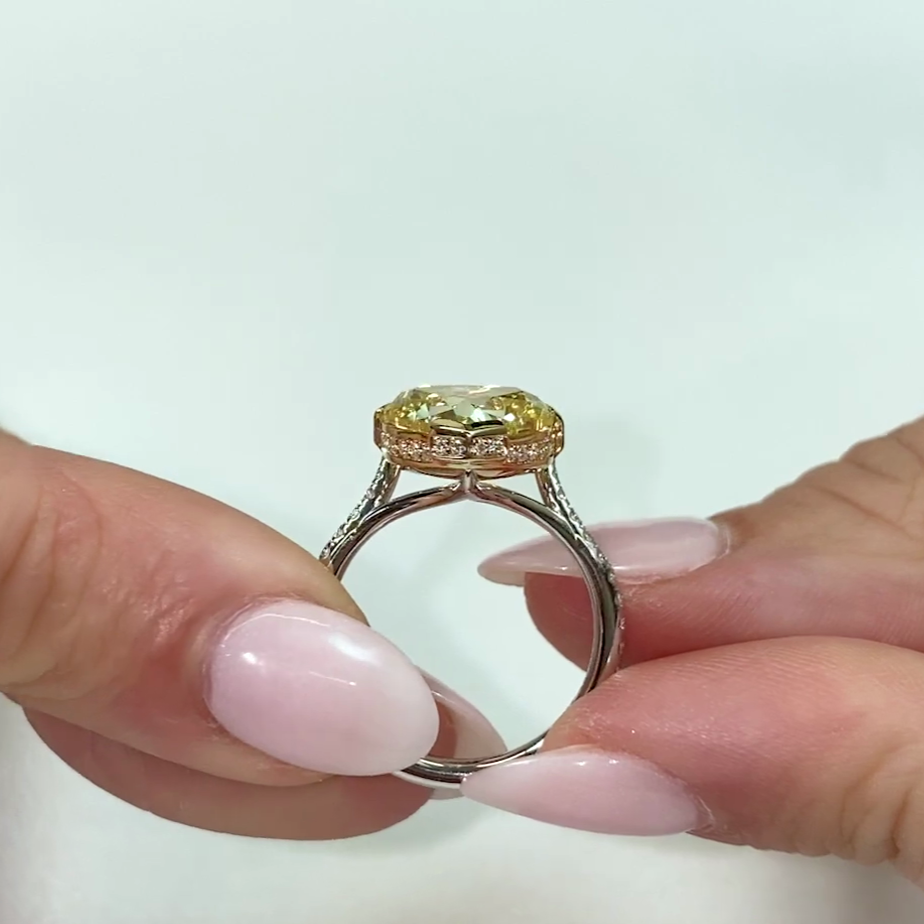 Heart 4.50tcw Fancy Yellow Lab Diamond Cathedral Semi-Bezel Ring | Hidden Halo | IGI Certified