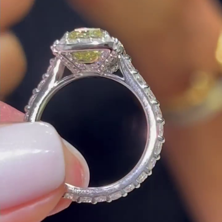 3.40tcw Cushion Cut Yellow Diamond Engagement Ring | Halo with Side Diamonds