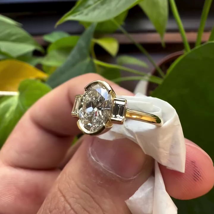 2.90tcw Oval Lab Grown Diamond Three Stone Engagement Ring | Half Bezel | IGI Certified | VVS–VS Clarity