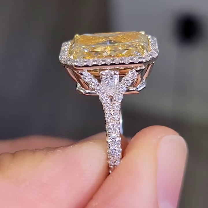 Radiant 8.30tcw Lab Grown Diamond Pear Side Stone Pave Halo Engagement Ring, VS Clarity