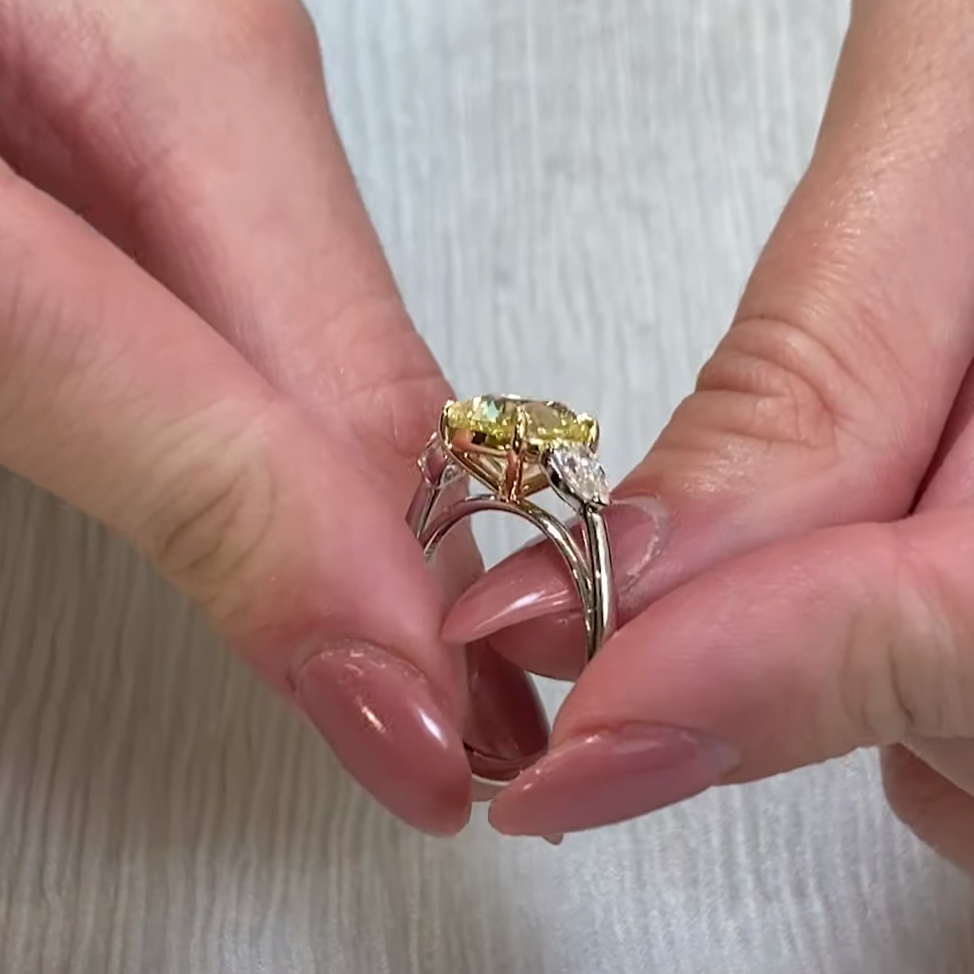 Round Fancy Yellow 3.50tcw Lab Diamond Two-Tone Three Stone Ring | IGI VS Clarity