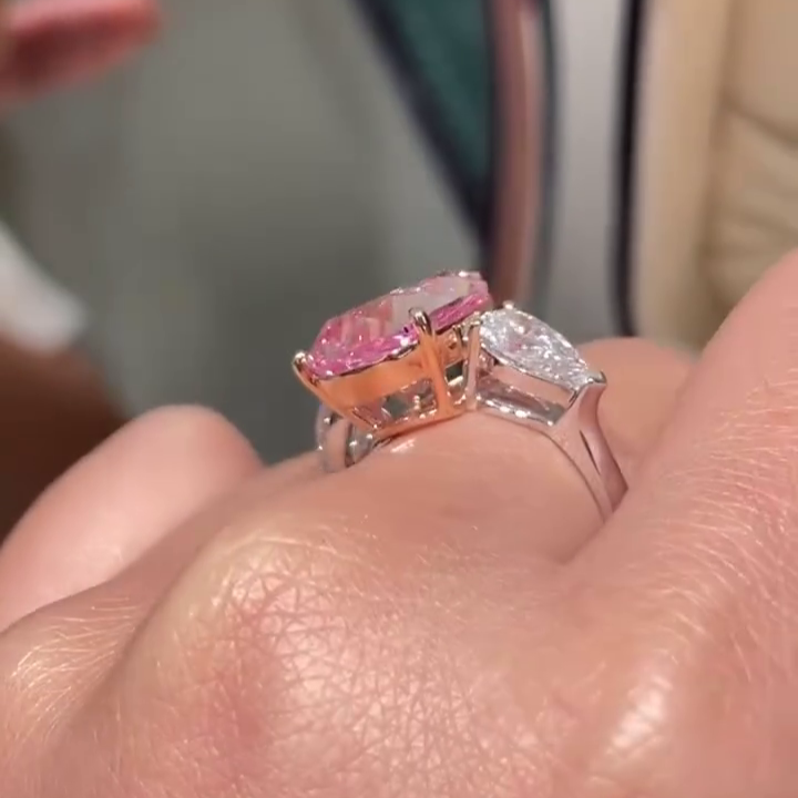 Fancy Pink 11.00tcw Pear Lab Grown Diamond Three Stone Engagement Ring | IGI Certified