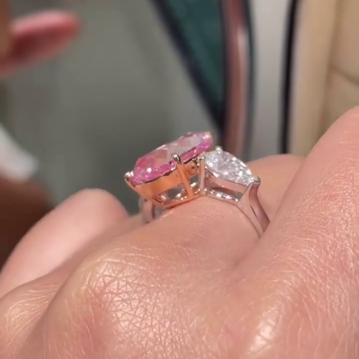 Fancy Pink 7.00tcw Lab Diamond Three-Stone Engagement Ring | Pear Shape | IGI Certified