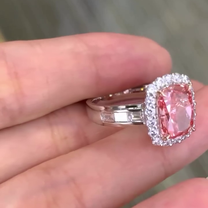 Elongated Cushion Fancy Pink 5.50tcw Lab Grown Diamond Halo Channel Set Pave Engagement Ring, VVS-VS Clarity