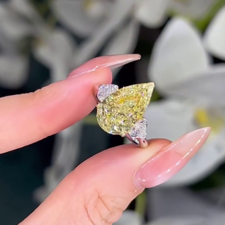 Pear Fancy Yellow 6.00tcw Lab Grown Diamond Two Tone Cathedral Three Stone Engagement Ring, VVS-VS Clarity