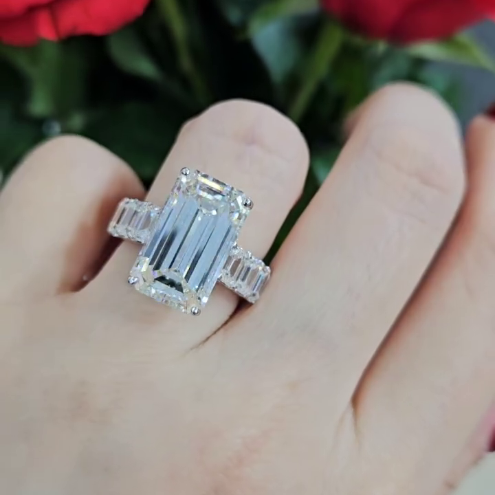 Emerald 11.40tcw  Lab Grown Diamond Emerald Sidestone Engagement Ring, EF Color, VS Clarity