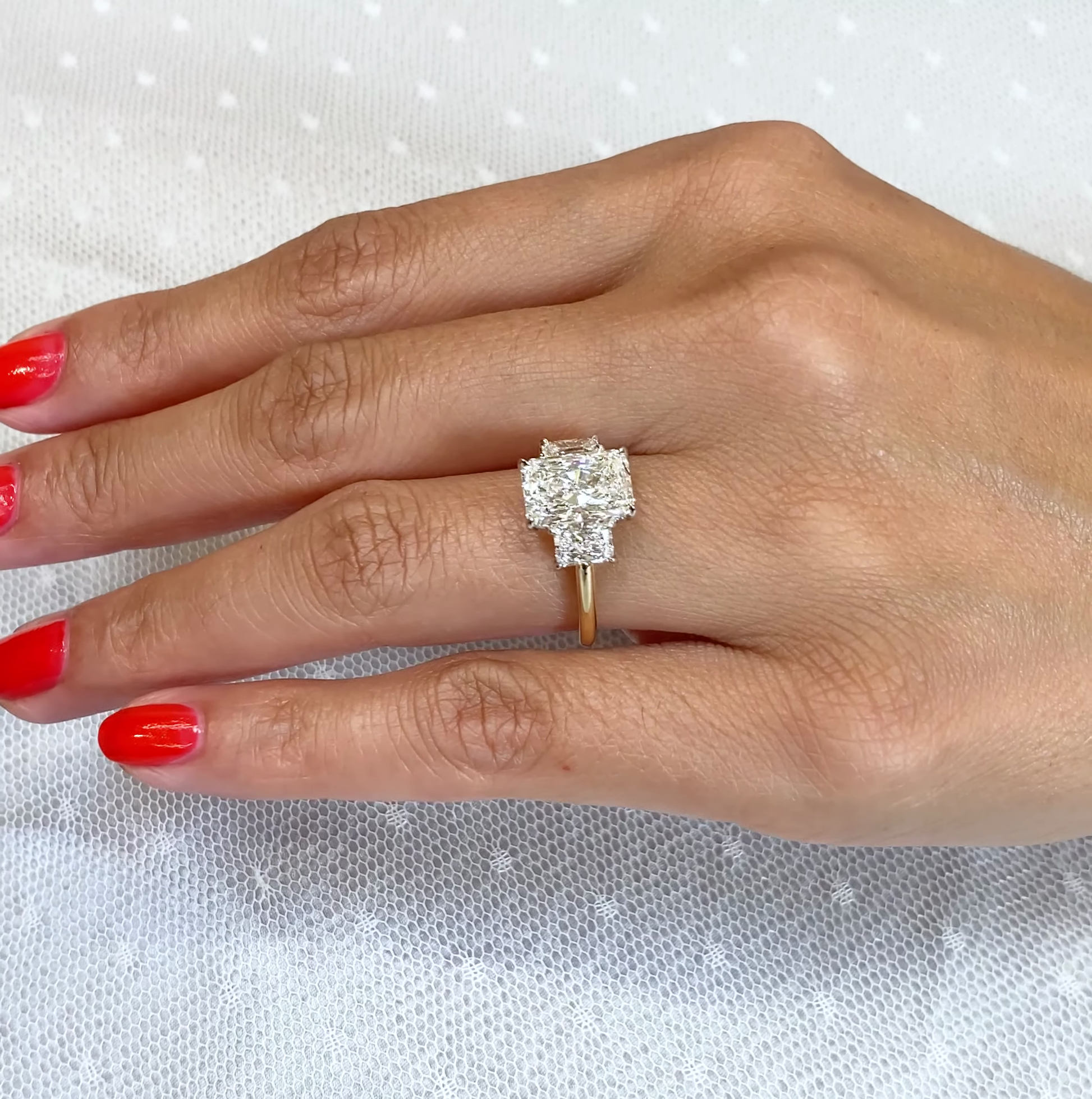 5.00tcw Radiant Lab Diamond Three-Stone Ring | IGI | Sustainable Luxury | Yellow Gold