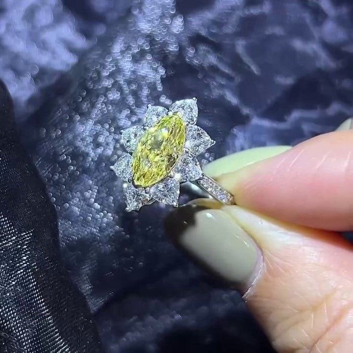 Marquise Fancy Yellow 6.10tcw Lab Grown Diamond Heart Halo Cathedral Shank Engagement Ring, VVS-VS Clarity - IGI Certificate