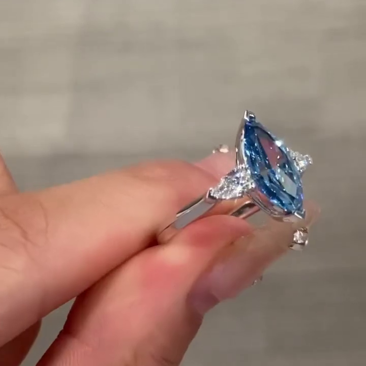 Fancy Blue 1.50tcw Marquise Lab Grown Diamond Three Stone Engagement Ring | IGI Certified | White Gold