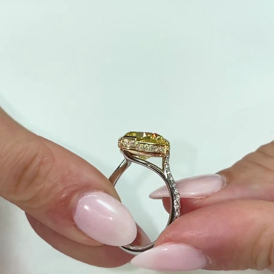 Heart 4.50tcw Fancy Yellow Lab Diamond Cathedral Semi-Bezel Ring | Hidden Halo | IGI Certified