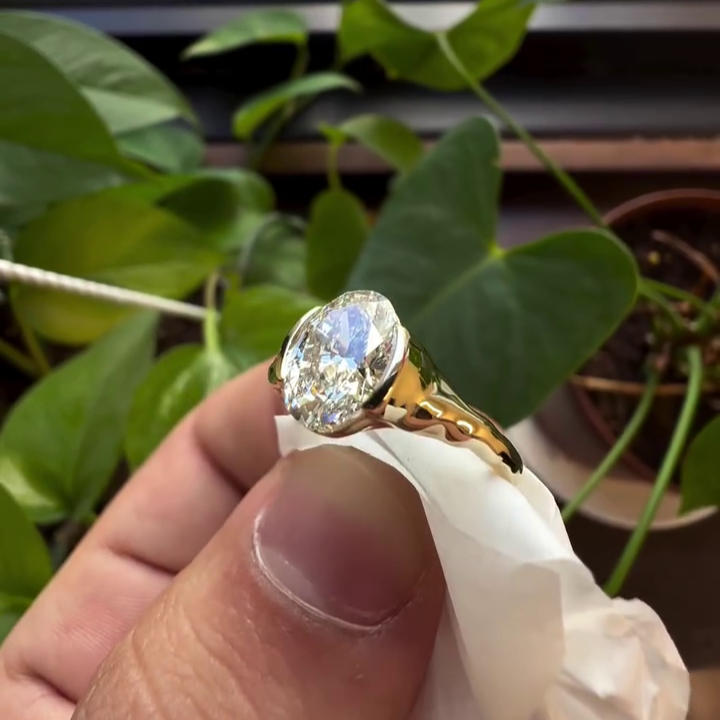 Oval 1.50tcw Lab Grown Diamond Crushed Side Bezel Style Engagement Ring, D-E-F Color, VVS-VS Clarity