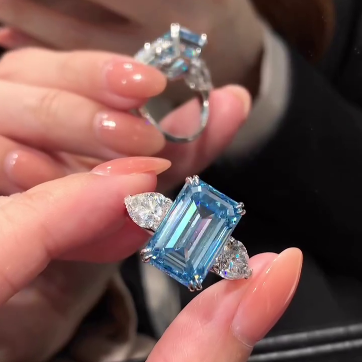 Fancy Blue Emerald 12.50tcw Lab Grown Diamond Three Stone Engagement Ring | IGI Certified