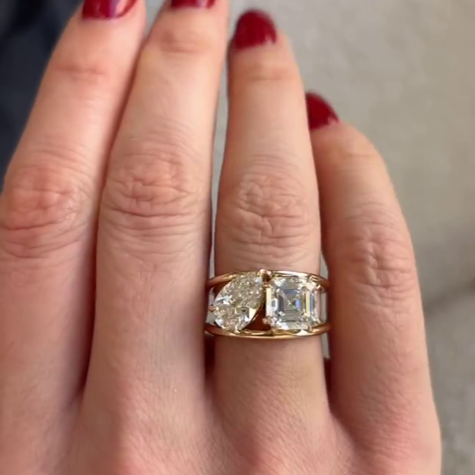 Pear & Asscher 3.00tcw Lab Diamond Ring | Toi et Moi | Wave Band | IGI Certified | D-E-F | VVS–VS