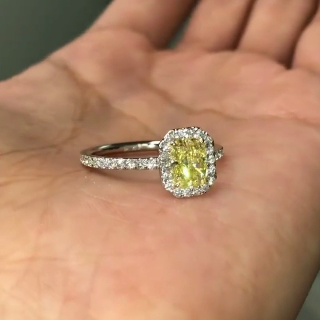 1.70tcw Yellow Radiant Lab Diamond Engagement Ring | Halo + Pavé Band | IGI Certified | White Gold Ring