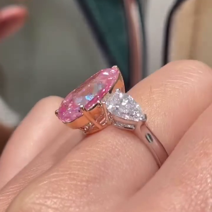 Fancy Pink 7.00tcw Lab Diamond Three-Stone Engagement Ring | Pear Shape | IGI Certified