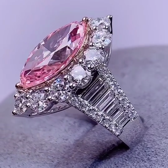 Marquise Fancy Pink 4.00tcw Lab Grown Diamond Halo Pave Engagement Ring, VVS-VS Clarity