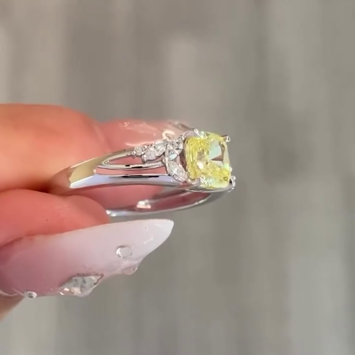 3.00ct Fancy Yellow Cushion Cut Diamond Ring | 0.30ct Side Stones | 14K White Gold | Unique Split Shank Engagement Ring