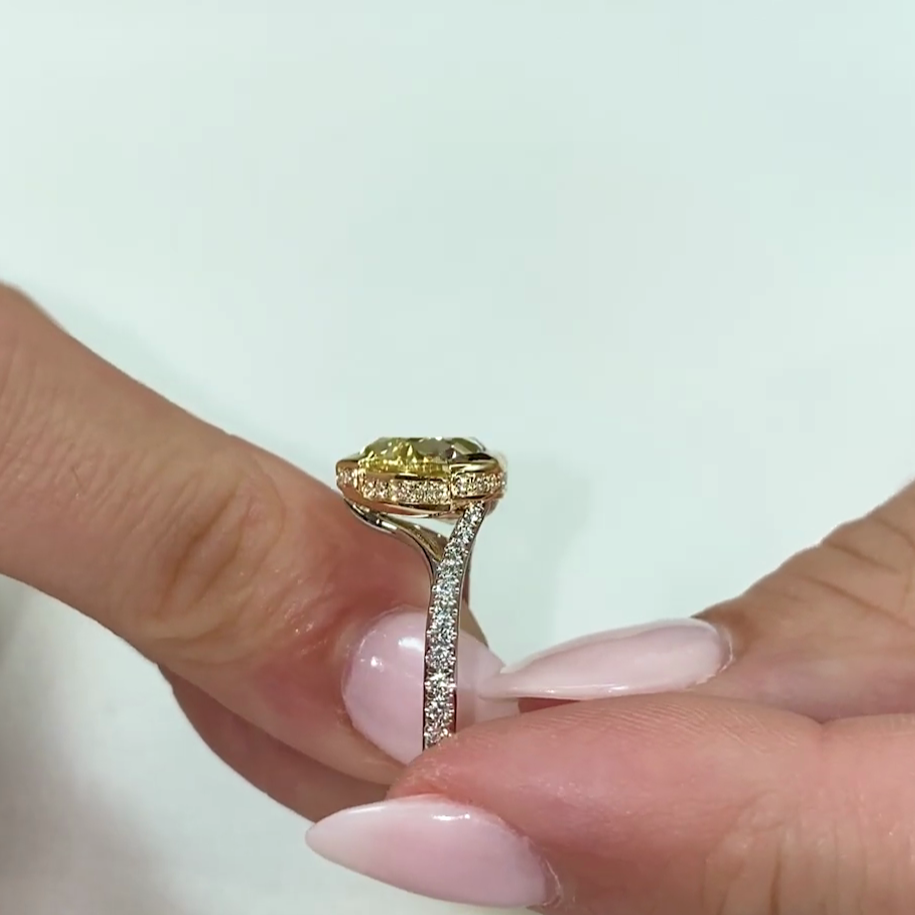 Heart 4.50tcw Fancy Yellow Lab Diamond Cathedral Semi-Bezel Ring | Hidden Halo | IGI Certified