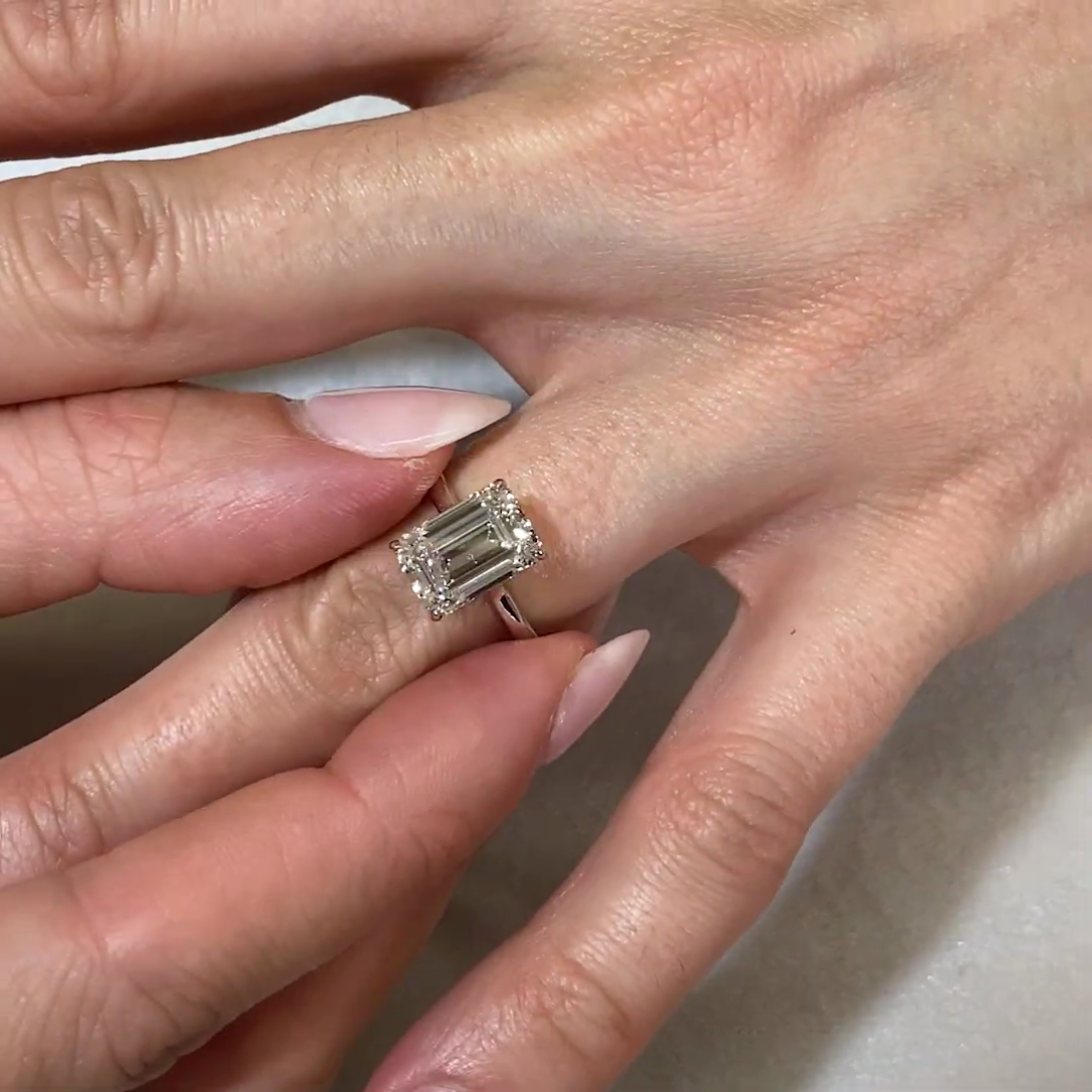 3.10tcw Emerald Lab Diamond Engagement Ring | Hidden Halo | Baguette Accents | IGI Certified