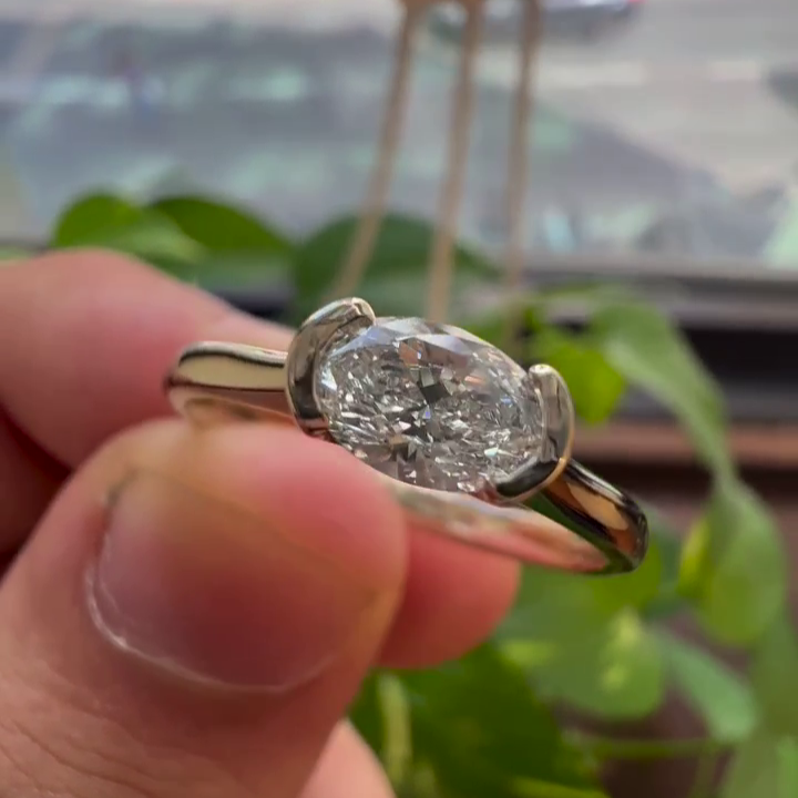 0.50tcw Oval Lab Grown Diamond Half Bezel Engagement Ring | IGI Certified | D-E-F Color | VVS–VS Clarity