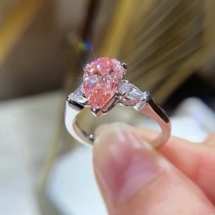 Pear Shape 1.20tcw Fancy Pink Lab Grown Diamond Engagement Ring | Three Stone Ring | 1.00ct Center | IGI Certificate