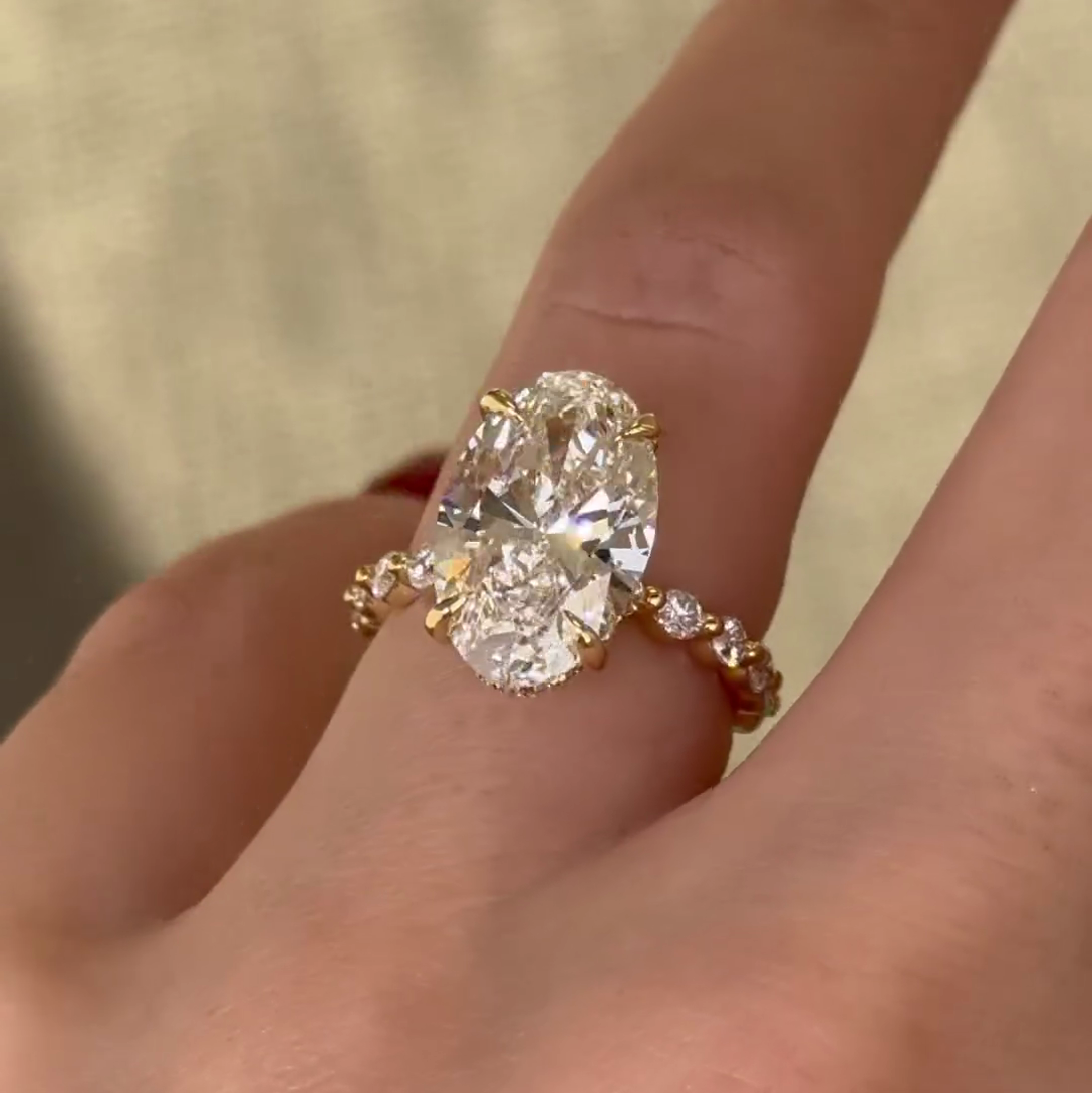 Oval 3.30tcw Lab Grown Diamond Hidden Halo Pave Engagement Ring, D-E-F Color, VVS-VS Clarity