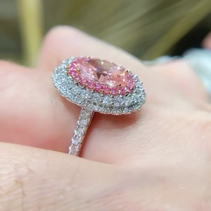 Oval Fancy Pink 3.15tcw Lab Diamond Halo Engagement Ring | Hidden Halo | IGI Certified