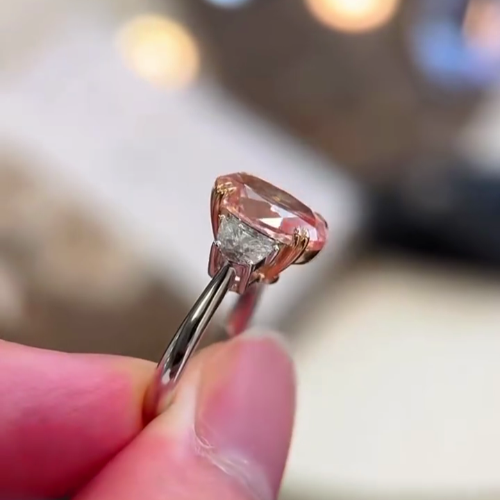 Oval Fancy Pink 3.00tcw Lab Grown Diamond Two Tone Three Stone Engagement Ring, VS Clarity