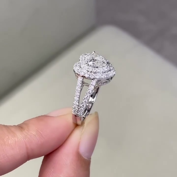 Heart 2.30tcw Lab Grown Diamond Double Halo Split Shank Engagement Ring, D-E-F Color, VVS-VS Clarity
