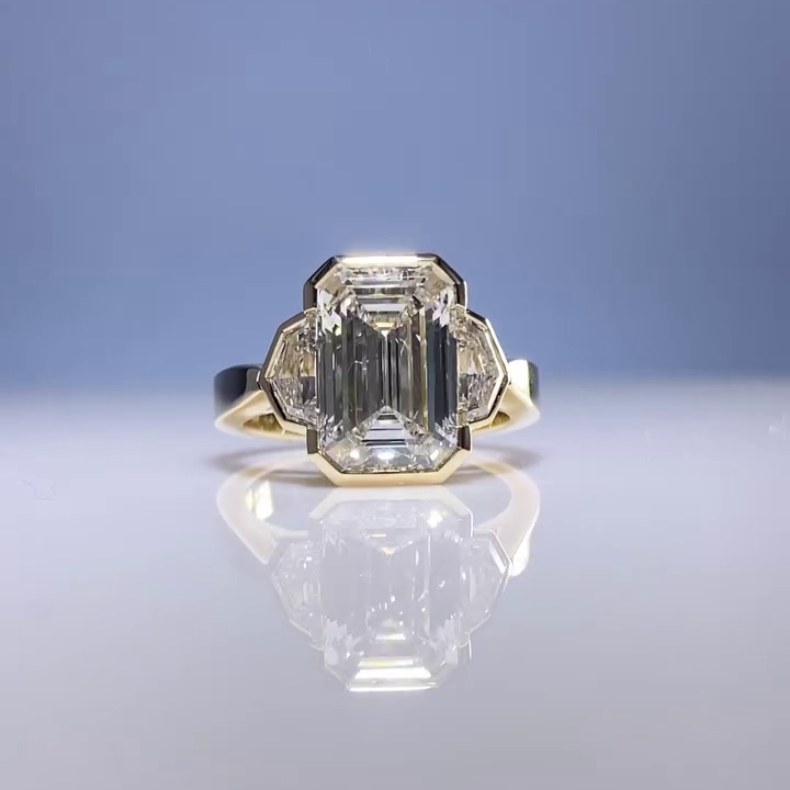 Emerald 2.60tcw Lab Grown Diamond Bezel Engagement Ring with Half Moon Side Stones