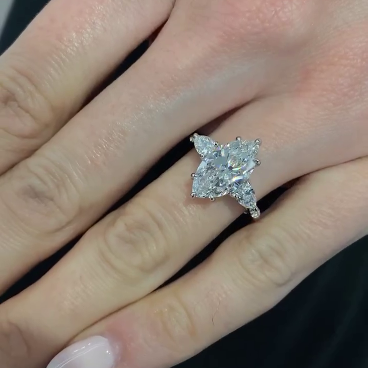 Marquise Three Stone 3.25tcw Lab Diamond Ring | Hidden Halo Style | IGI Certified