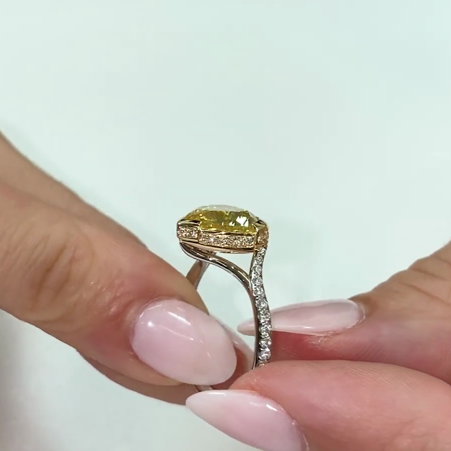 Heart 4.50tcw Fancy Yellow Lab Diamond Cathedral Semi-Bezel Ring | Hidden Halo | IGI Certified