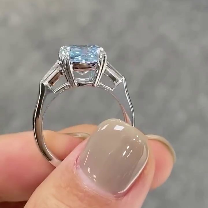 Fancy Blue Cushion Cut 3.50tcw Lab Grown Diamond Engagement Ring | Three Stone Design | IGI Certified | 10k 14k 18k Platinum Gold