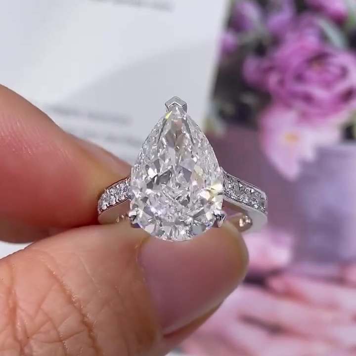 Pear 7.00tcw Lab Grown Diamond Channel Set Cathedral Engagement Ring, D-E-F Color, VVS-VS Clarity