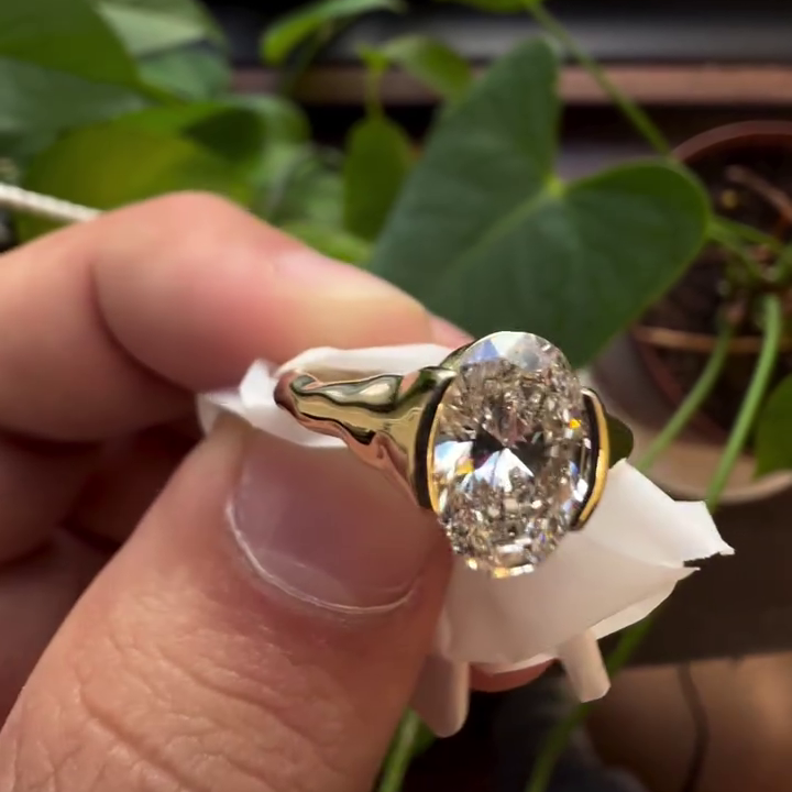 Oval 1.50tcw Lab Grown Diamond Crushed Side Bezel Style Engagement Ring, D-E-F Color, VVS-VS Clarity