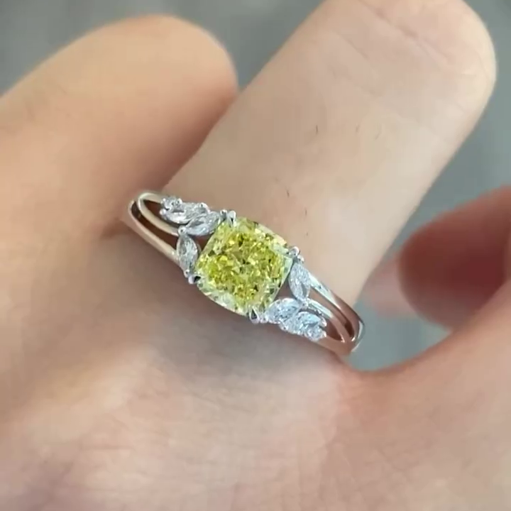 3.00ct Fancy Yellow Cushion Cut Diamond Ring | 0.30ct Side Stones | 14K White Gold | Unique Split Shank Engagement Ring